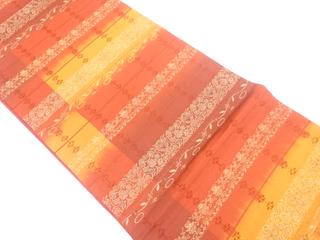 リサイクル　横段に更紗模様織出し全通袋帯